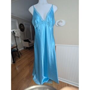 90s Y2K Satin Lace Trim Nightgown Women Medium Blue Good Long Chemise Maxi